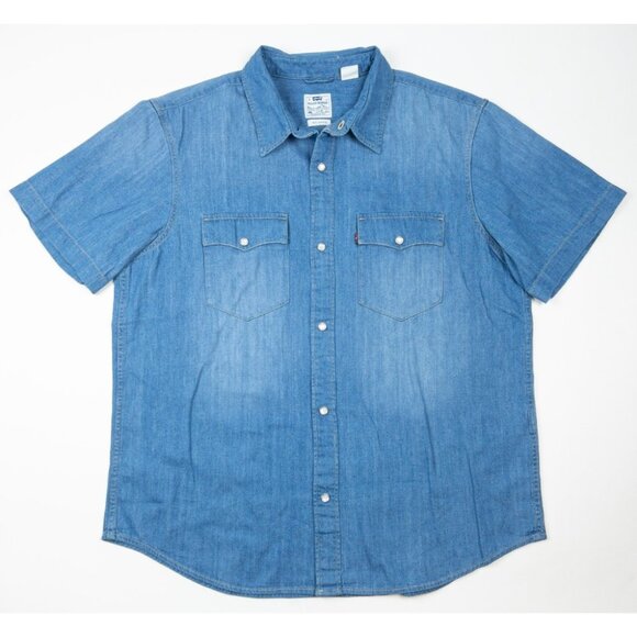 Levi's Denim Pearl Snap Western Shirt Men's Large Blue Short Sleeve Distressed - Picture 1 of 12